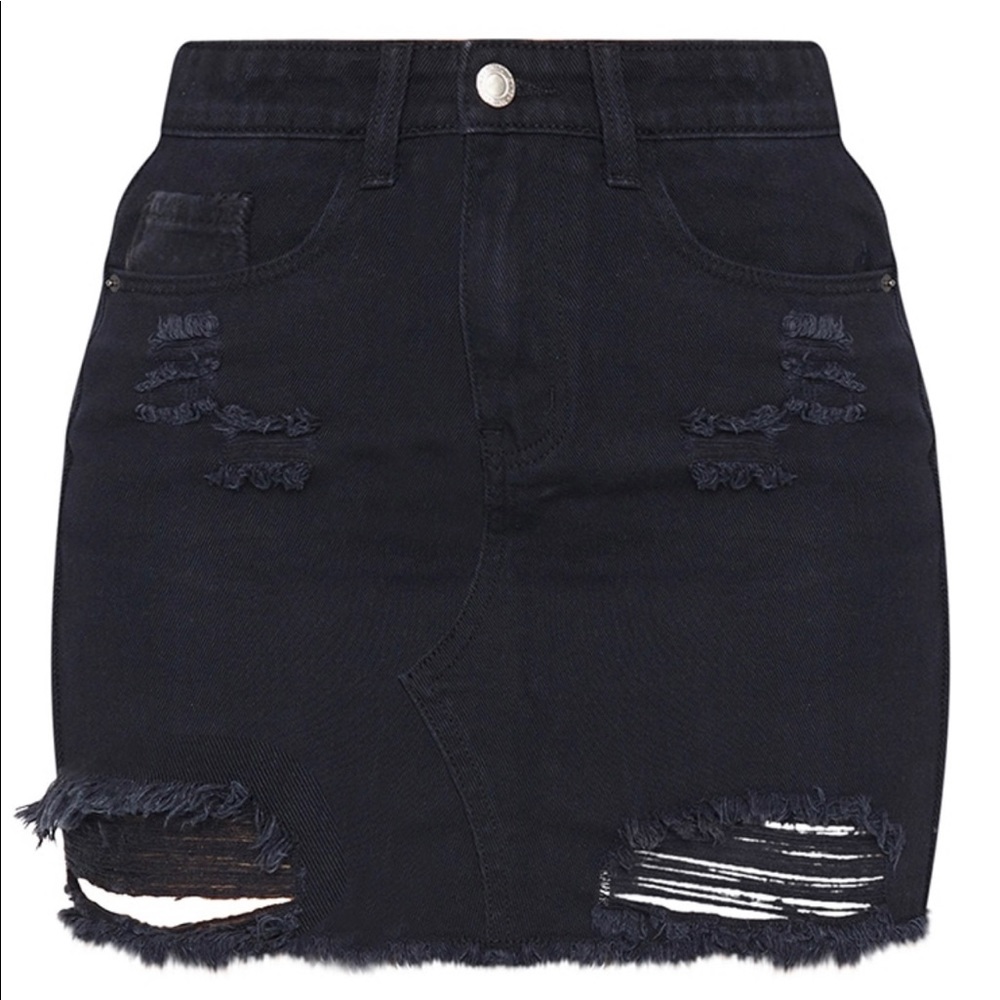 BLACK DISTRESSED DENIM MINI SKIRT